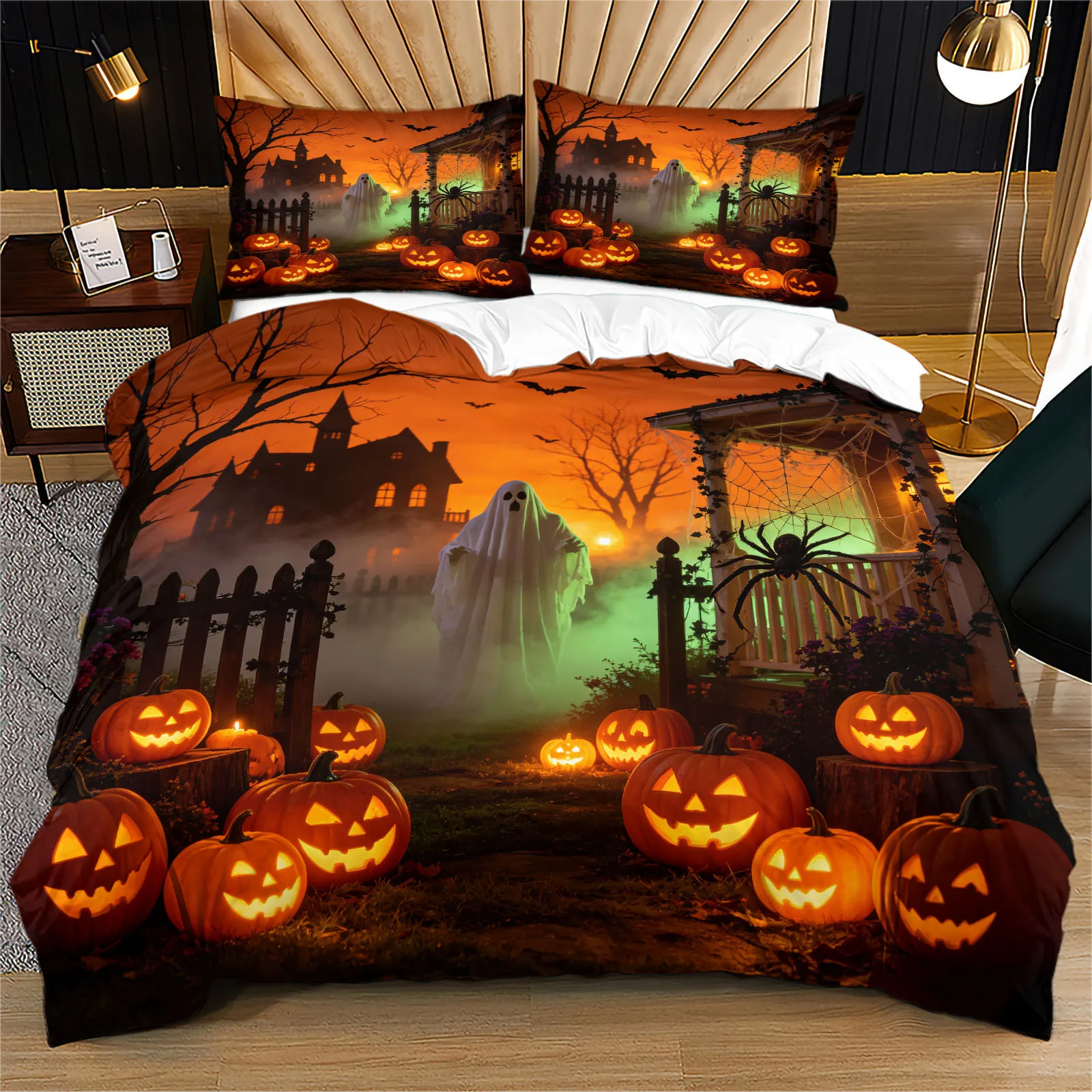 Halloween Duvet Cover Set Spooky Ghost Glowing Pumpkin Haunted House Spider Bat Printed Soft Bedding Set Holiday Bedroom Decor