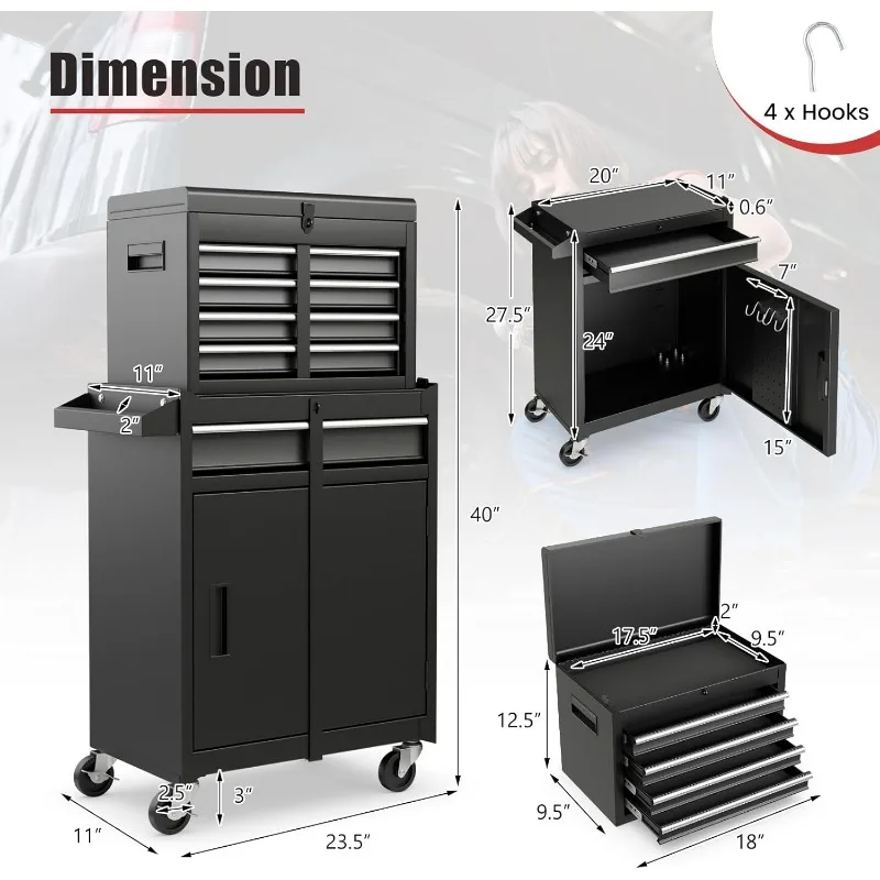 Rolling Tool Chest, 5-Drawer Lockable Tool Cabinet w/Adjustable Shelf & 4 Universal Wheels