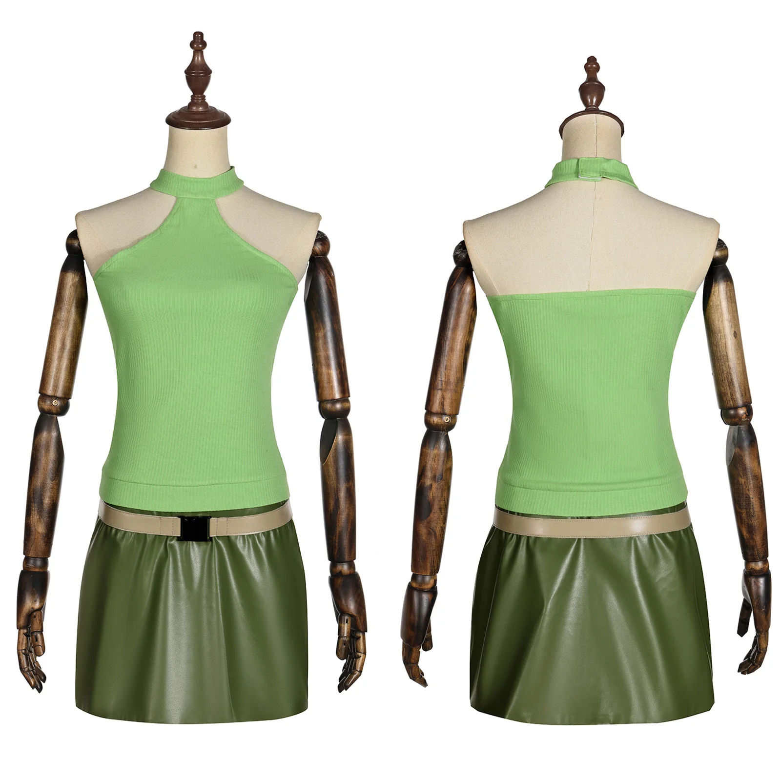 

Scarah Screams Cosplay Costume for Girl Anime Monster Green Knitted Strap Leather Skirt Set with Hairband Belt Halloween Set