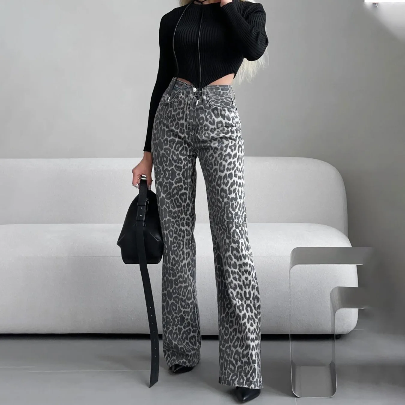 Gewaschene Jeans Skinny Straight Pants Vintage machen alte Jeans mit hoher Taille neue Damen Jeans mit Leoparden muster