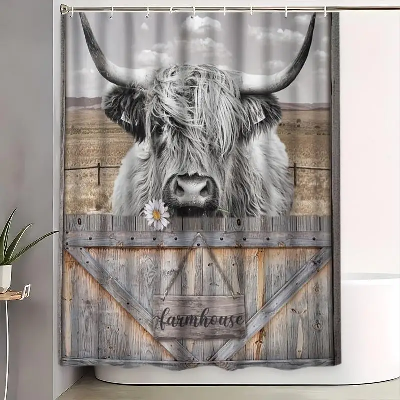 1/3/4Pcs Creative Scottish Highland Cow, Featuring Country-Style Elements, Fluffy Fur, and Large Horns, with a Pastoral/Farm Scenery Pattern as the Background, Bathroom Shower Curtain Set, Available in Two Sizes, Includes 12 Hooks, Toilet Seat Cover, and Floor Mat, Polyester Waterproof Shower Curtain, a Must-Have for Home Decor, Ideal Holiday Gift for Friends and Family