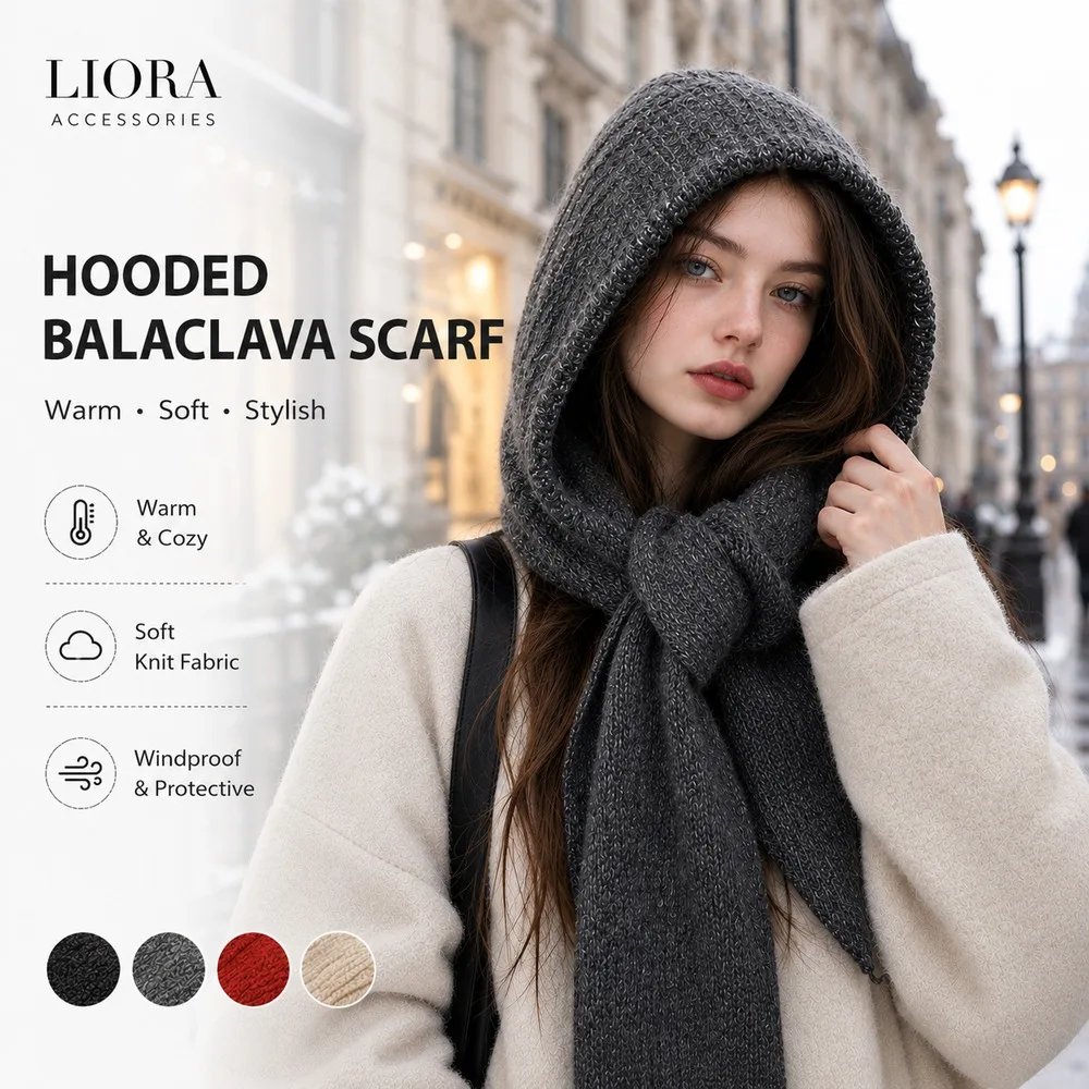 Knitted Hooded Scarf for Women Winter Warm Balaclava Hat Scarf 2 in 1 Neck Warmer Windproof Ear Cover Outdoor Fashion Headwear