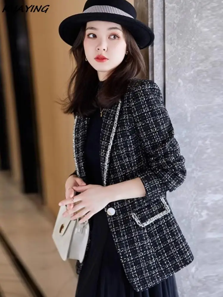 Fashion Autumn Women Elegant Houndstooth Woolen Blazer Jackets Vintage Casual Outerwear Coat Female Business Clothes Cardigans