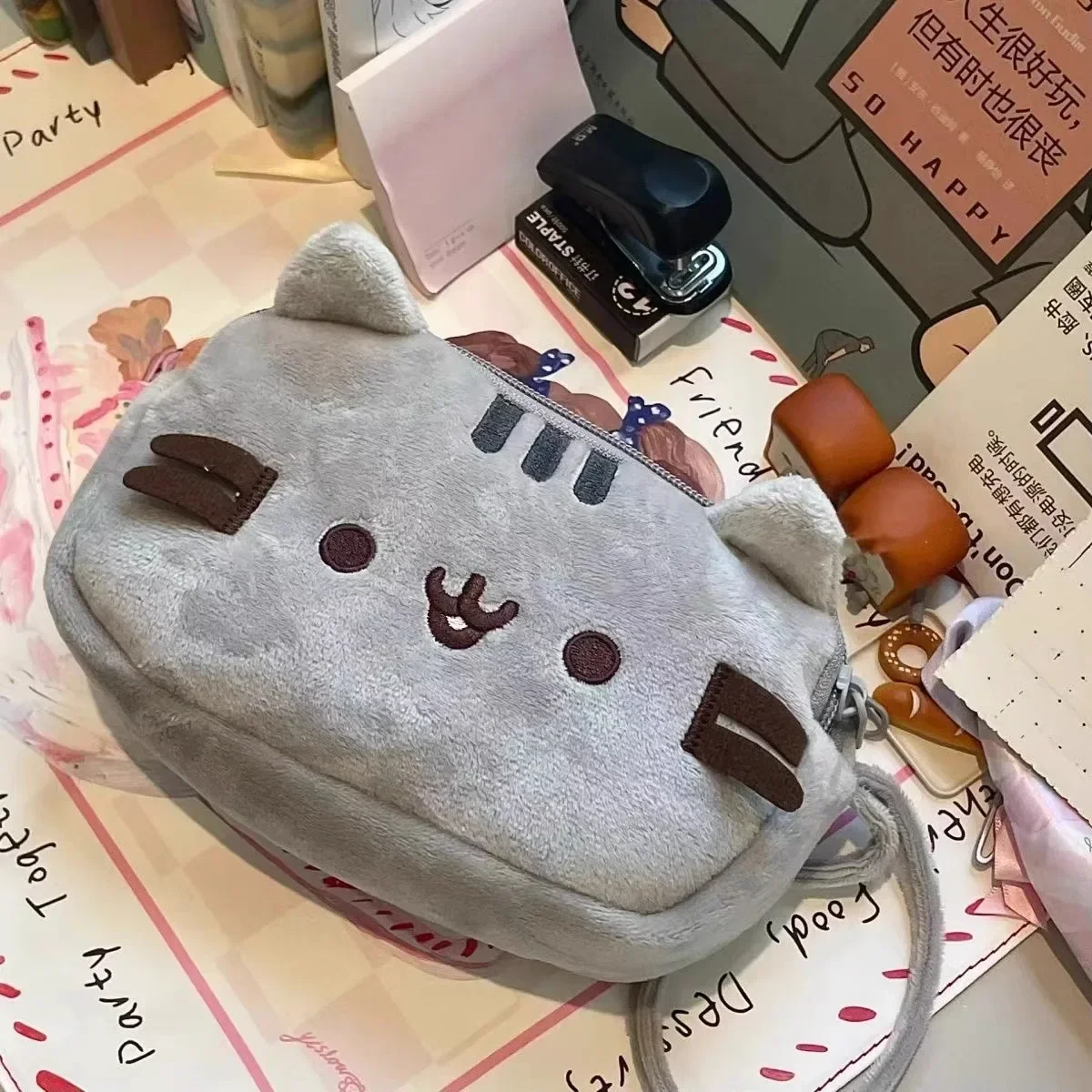 Cute Fat Cat Makeup Bag Cute Cartoon Double Layer Storage Bag Children's Stuffed Toy Kawaii Pencil Case Portable Wrist Bag Gift