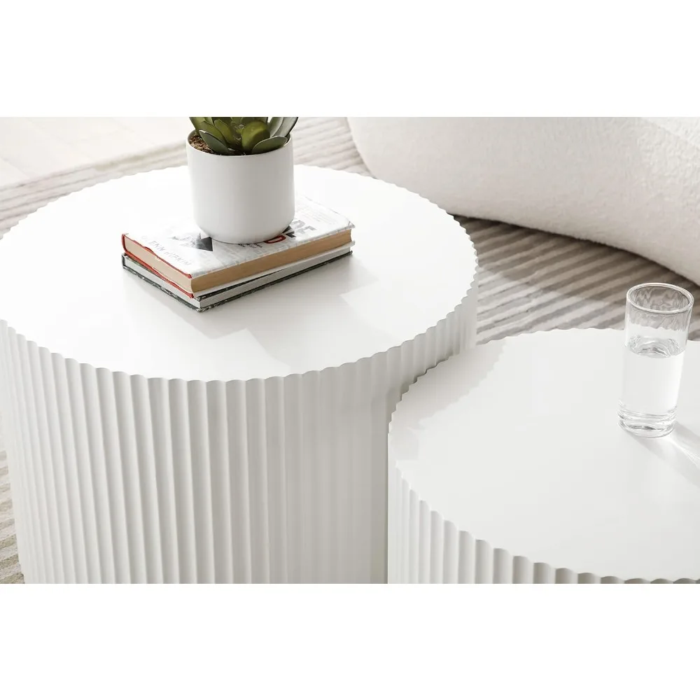 طاولات قهوة متداخلة باللون الأبيض الحديث مكونة من قطعتين - أثاث دائري لغرف المعيشة الصغيرة #6