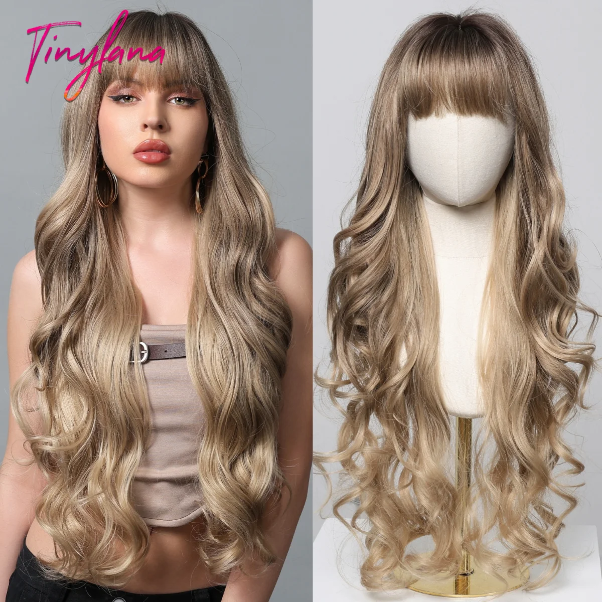 Blonde braune Ombre super lange lockige gewellte synthetische Perücken mit Pony für Frauen Welle tägliche Cosplay Perücke hitze beständiges Natur