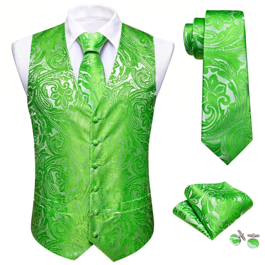 

Elegant Vest for Men Silk Green Embroidered Waistcoat Tie Set Wedding Formal Male Suits Party Business Sleeveless Barry Wang