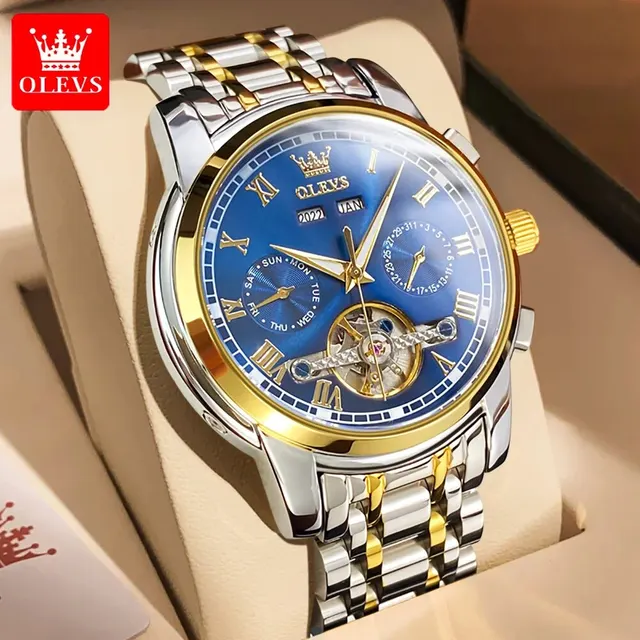 OLEVS 6607 Top Original Automatic Mechanical Watches Men Luxury Skeleton Flywheel Stainless Steel Waterproof Business Wristwatch 2