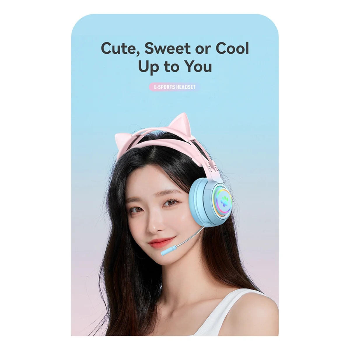 2025+ سماعة رأس بلوتوث لاسلكية على شكل قرون لطيفة مع ضوء RGB للأطفال باللون الوردي