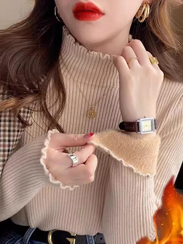 

Women's Thickened Half-High Collar One-Piece Fleece Base Shirt Inner Wear Autumn Winter Knitted Sweater Stylish Wooden