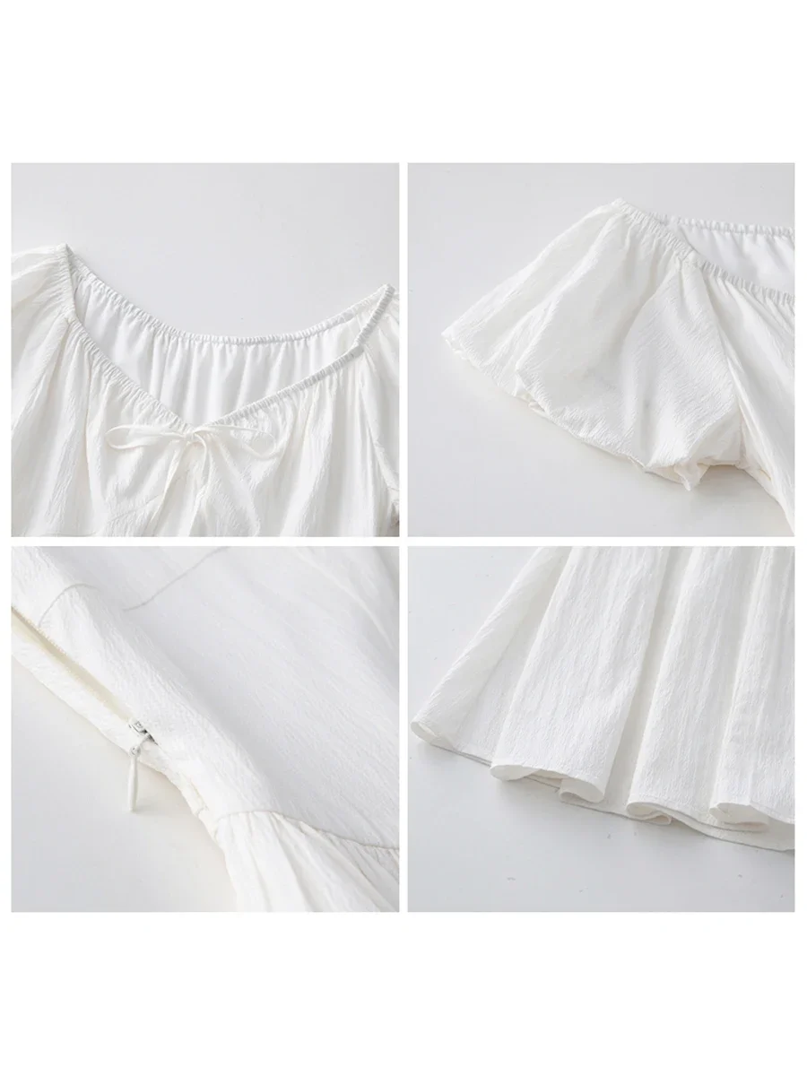CHIC VEN Women‘s Dresses Loose Solid Casual New V-neck Bubble Short Sleeved Female Dress Pleated Long Skirt Summer 2024