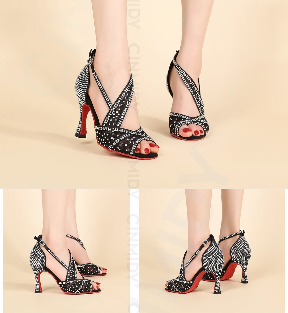 CINMIDY Rote Sohle Latein Tanzschuhe für Damen Tango Ballsaal Tanzschuhe Kubanischer Absatz Strass Hochzeitsschuhe Damensandalen – Detail 8