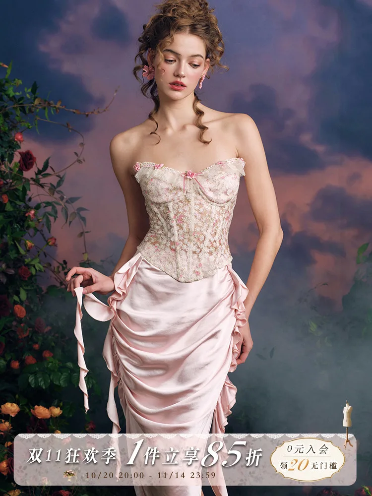 LaceMade Orginal Design Fairytale Heavy Florals Embroidery Lace Fishbone Tube Top and Pink Mermaid Lace Midi Skirt 2pcs Set