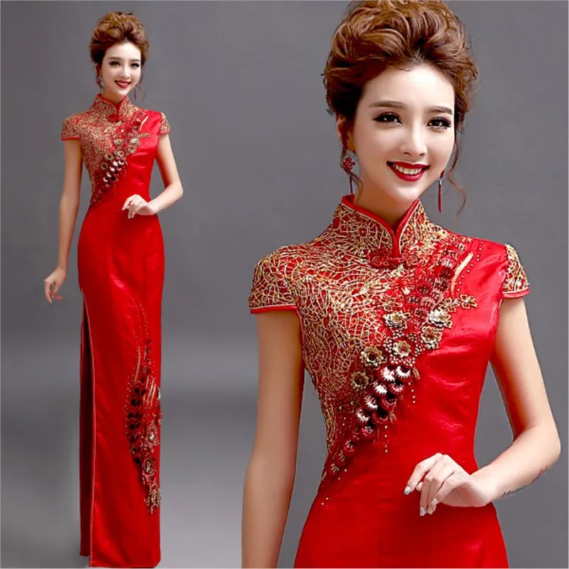 Chinese-style red short-sleeved bride's wedding toasting dress cheongsam performance fashion show