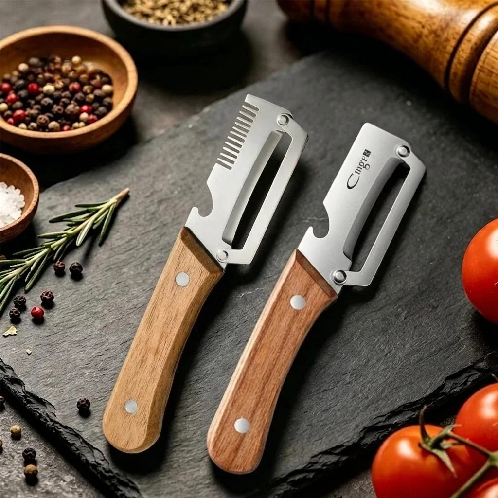 Stainless Steel Vegetable Fruit Peeler with Ergonomic Wooden Handle, Multipurpose Kitchen Tool for Peeling & Slicing Produce