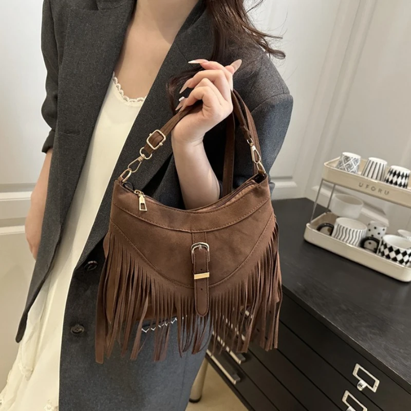 Suede Fringe Shoulder Bags with Metal Buckle Adjustable Strap Western Style Crescent Crossbody Purse for Women Travel Daily
