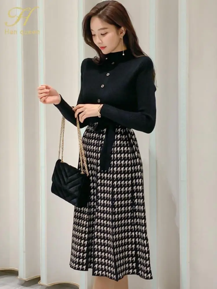 H Han Queen Winter Women Vintage Color block Houndstooth Knitted Dresses Lace-up Office Dress Elegant Bottoming Sweater Vestidos