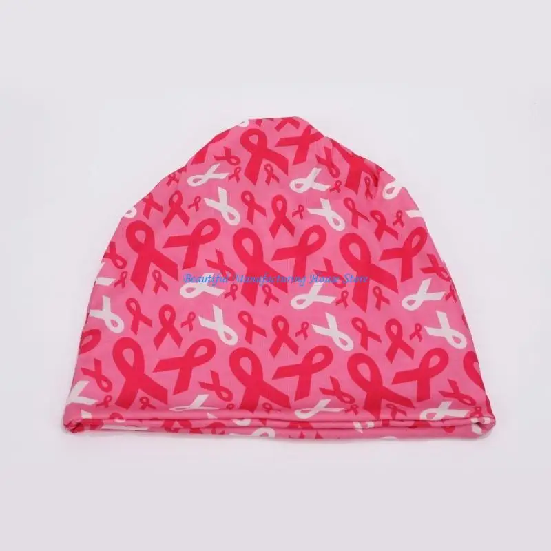 E56A Comfortable Breast Cancers Skull Caps Awareness Pattern Ribbon Print Headwrap Hat