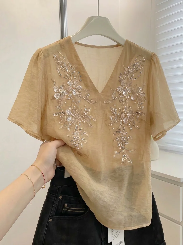 

Elegant Sequin Embroidery V-Neck Chiffon Top Women's plus Size Summer New Style Slimming Trendy Top Korean Style Loose Fit
