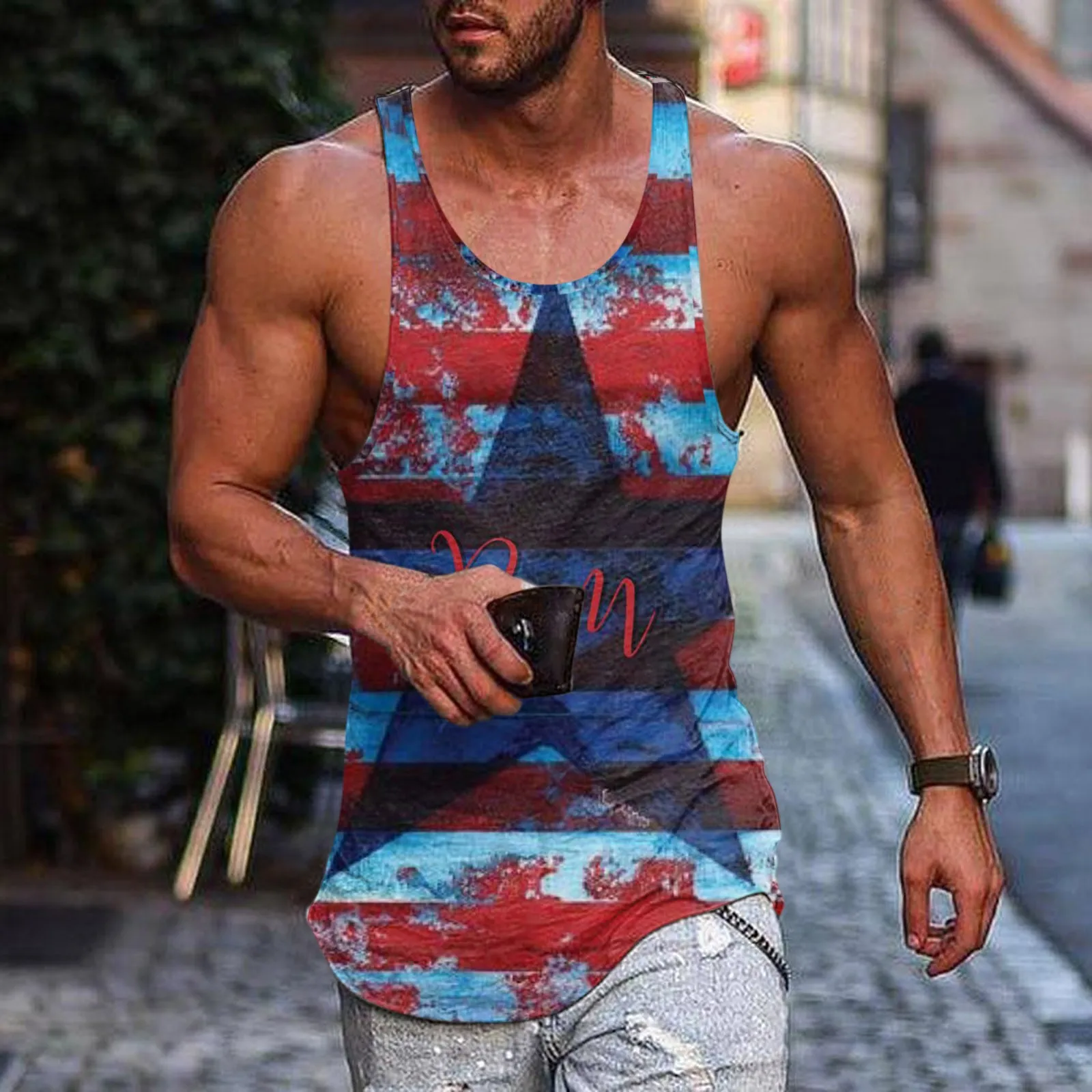 Men Summer Surf Beach Men Tank Top Casual Sleeveless Top Boy Loose 4th Of July Print Tank Top Outfits Camis Vest Chemise Homme