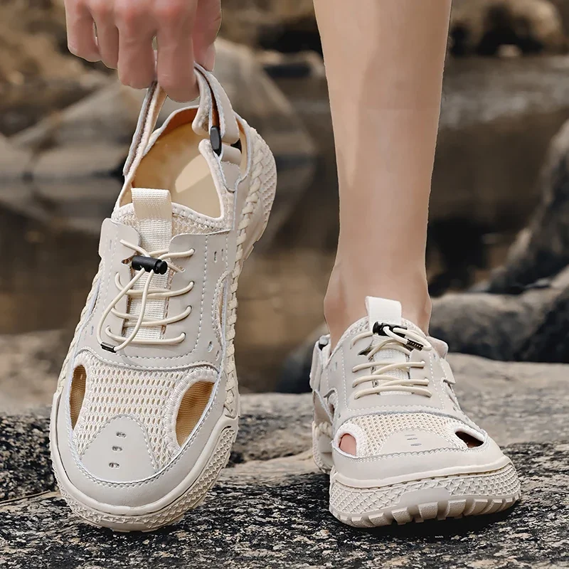 Sandals Men Tide 2024 Summer New Style Leather Toe Cap Outdoor Leisure Sports Hollow Sandals Beach Shoes Handmade Mesh Men Shoes