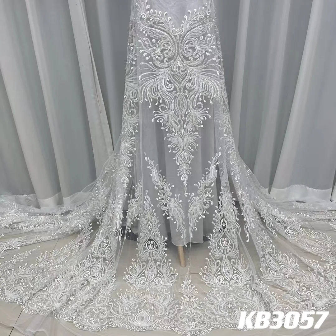 

Sequence Embroidery Lace Tulle Lace Fabrics 2024 High Quality With Sequin Beads French Mesh Lace Fabric for Wedding Dress KB3057