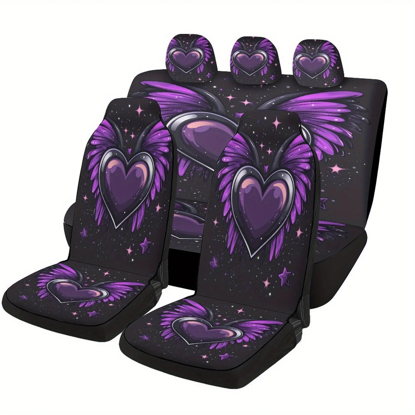 

Purple Winged Heart Designed Car Seat Covers Set For Most Cars, Trendy Personalized Novelty Decorative Car Seat Protector Covers