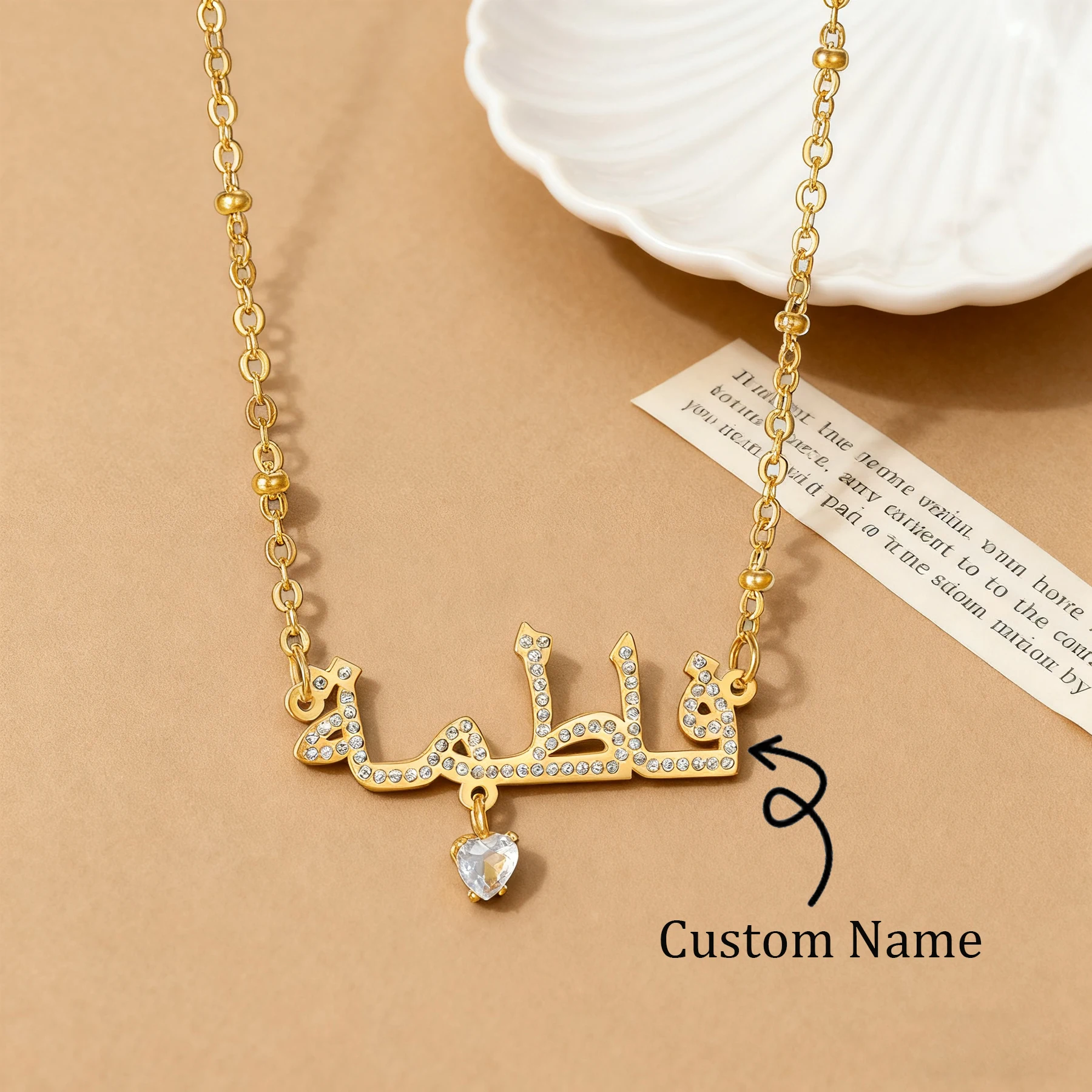 

Acheerup Custom Arabic Name Sparkling Necklace for Women Zircon Letters Stainless Steel Heart Stone Charm Jewelry Christmas Gift
