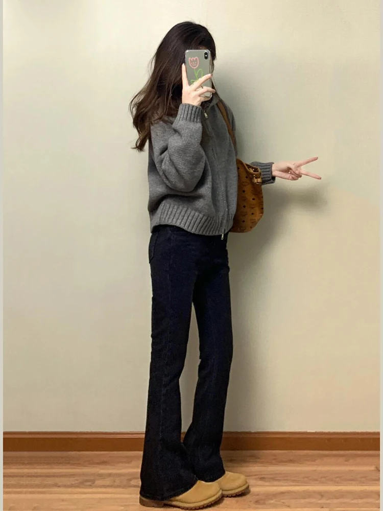 

American Style Retro High Waist Flared Jeans Women's Autumn Winter Small Size Slimming Long Pants Black Denim Skinny Jeans