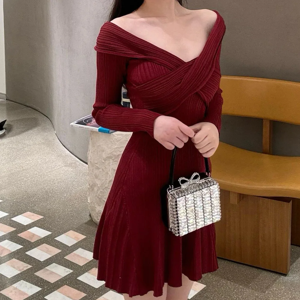 

MaSandeSP Early Spring 2026 Red Wine Color New Year's One-Shoulder Long Sleeve Slim Fit Short Knitted Dress for Women