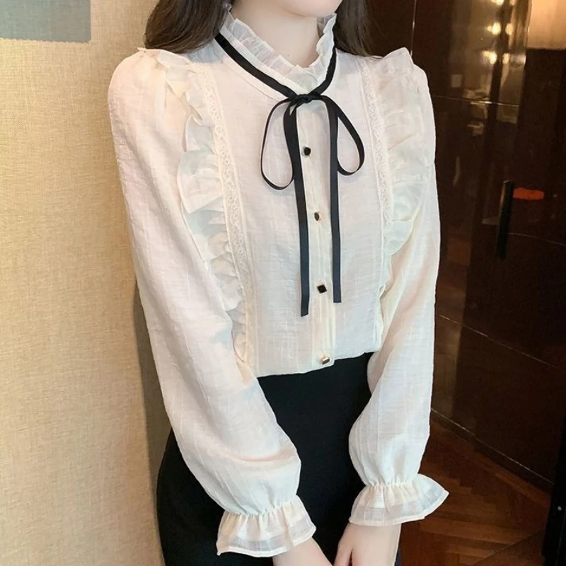 

New Women's Stand Up Collar Long Sleeved Shirt with Velvet Ruffle Edge French Versatile Slimming Top Shirt TT786