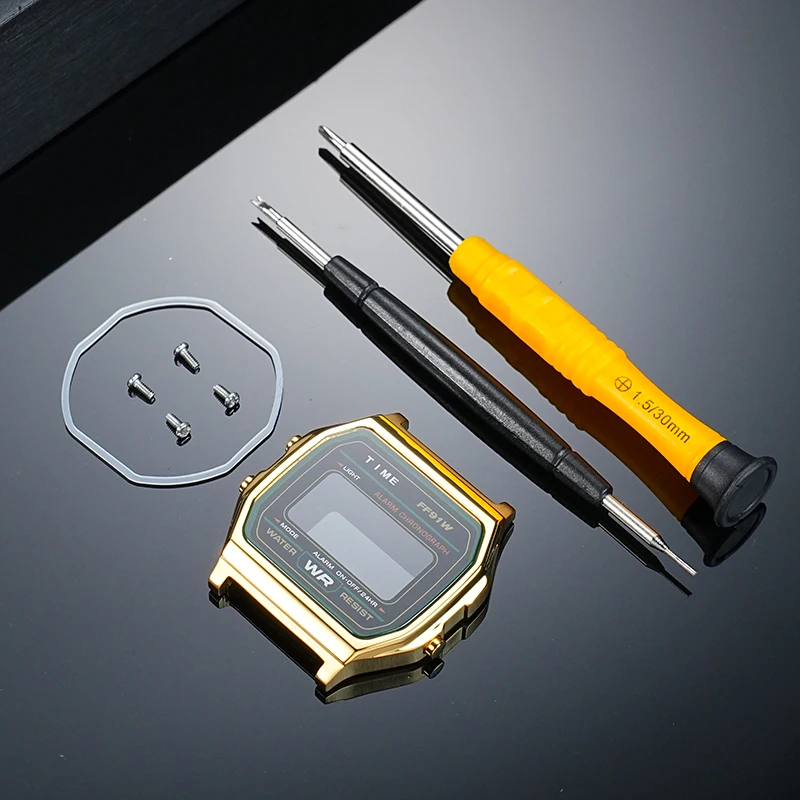 حافظة ساعة معدنية ريترو لساعة كاسيو صغيرة مربعة A158WA-1DF A159W-N1DF F-91 حافظة من الفولاذ المقاوم للصدأ معدلة للرجال والنساء برغي