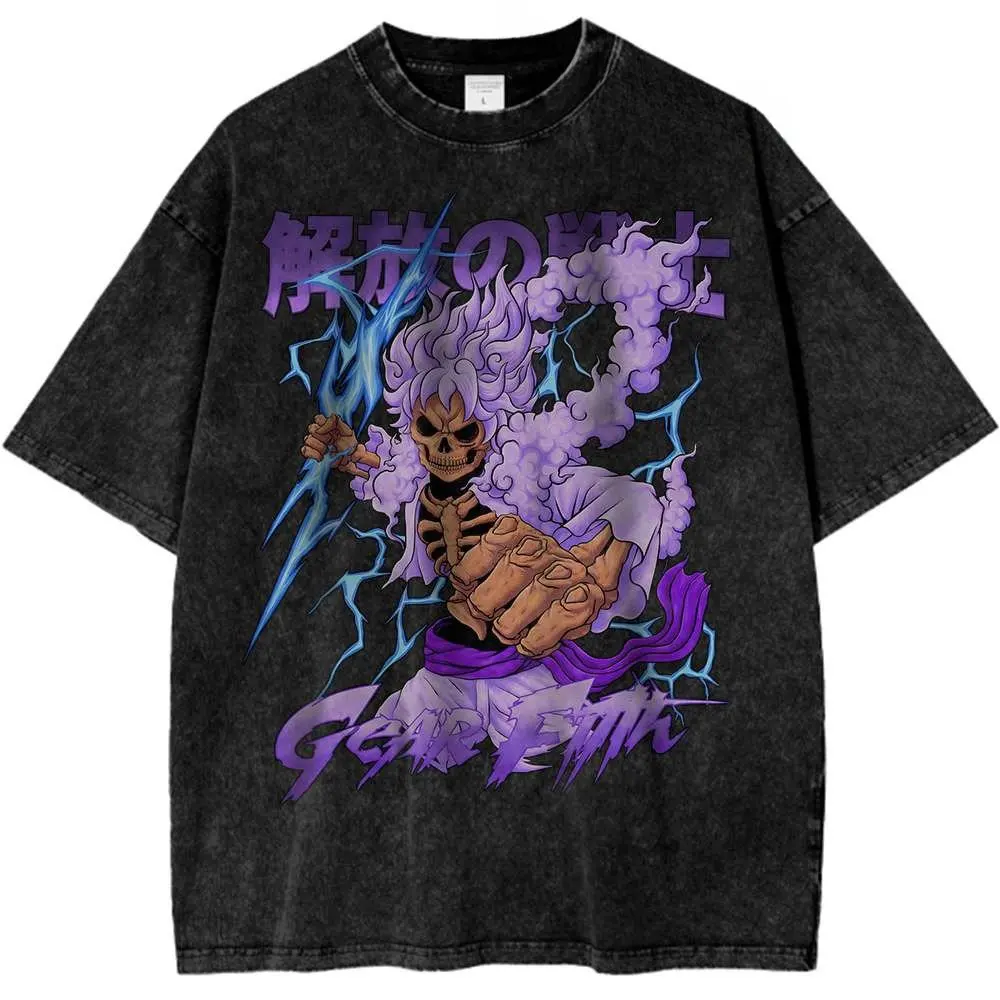 Vintage Wash T-Shirt Herren One Piece Anime Damen Kurzarm T-Shirt Luffy Zoro Nami Bedruckte Streetwear 2025, Sommer-Casual-Tops Y2k