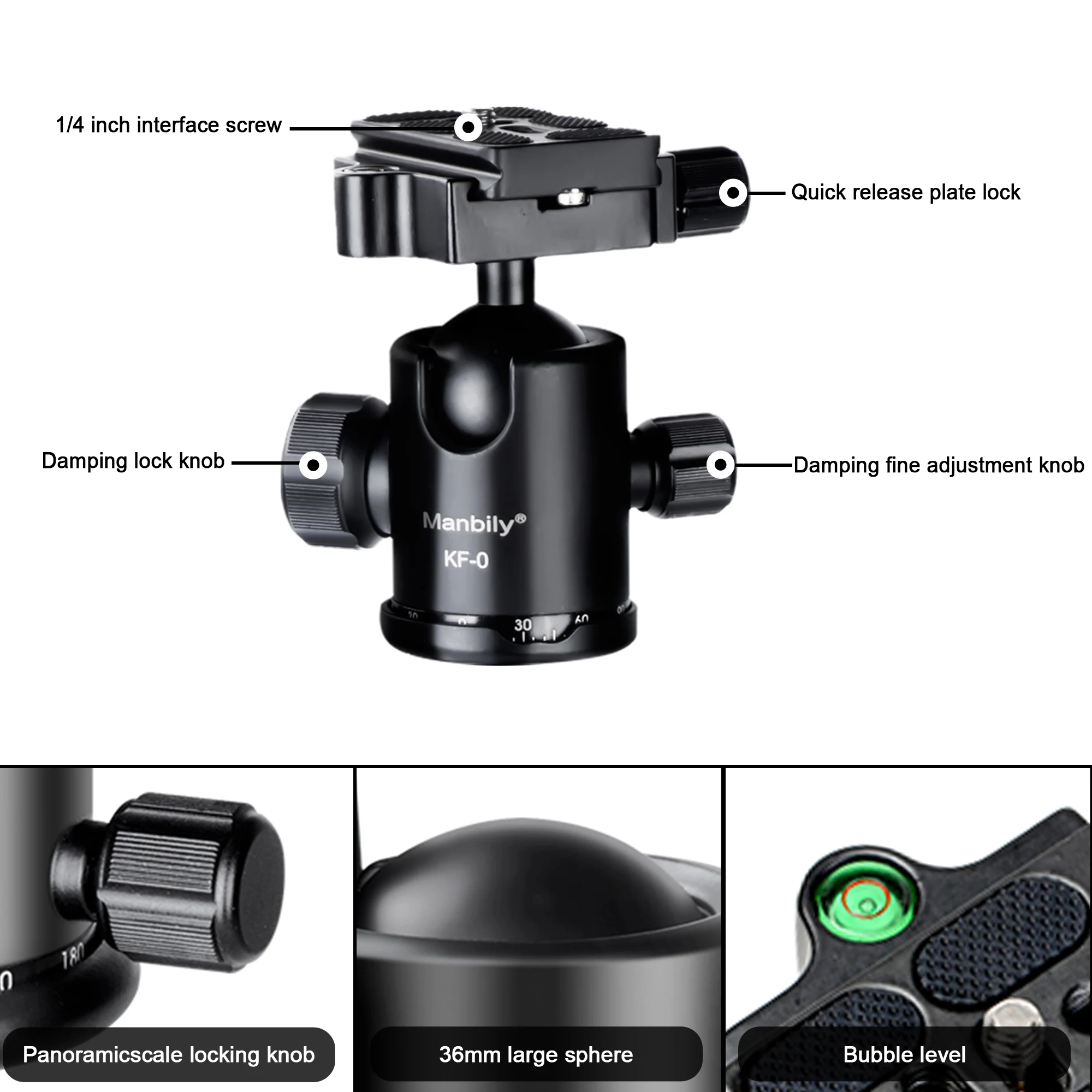 Manbily Tripod Ball Head with Quick Shoe Plate 360°Panoramic Ballhead Mount Adapter for Monopod,Slider,DSLR Camera KF-0