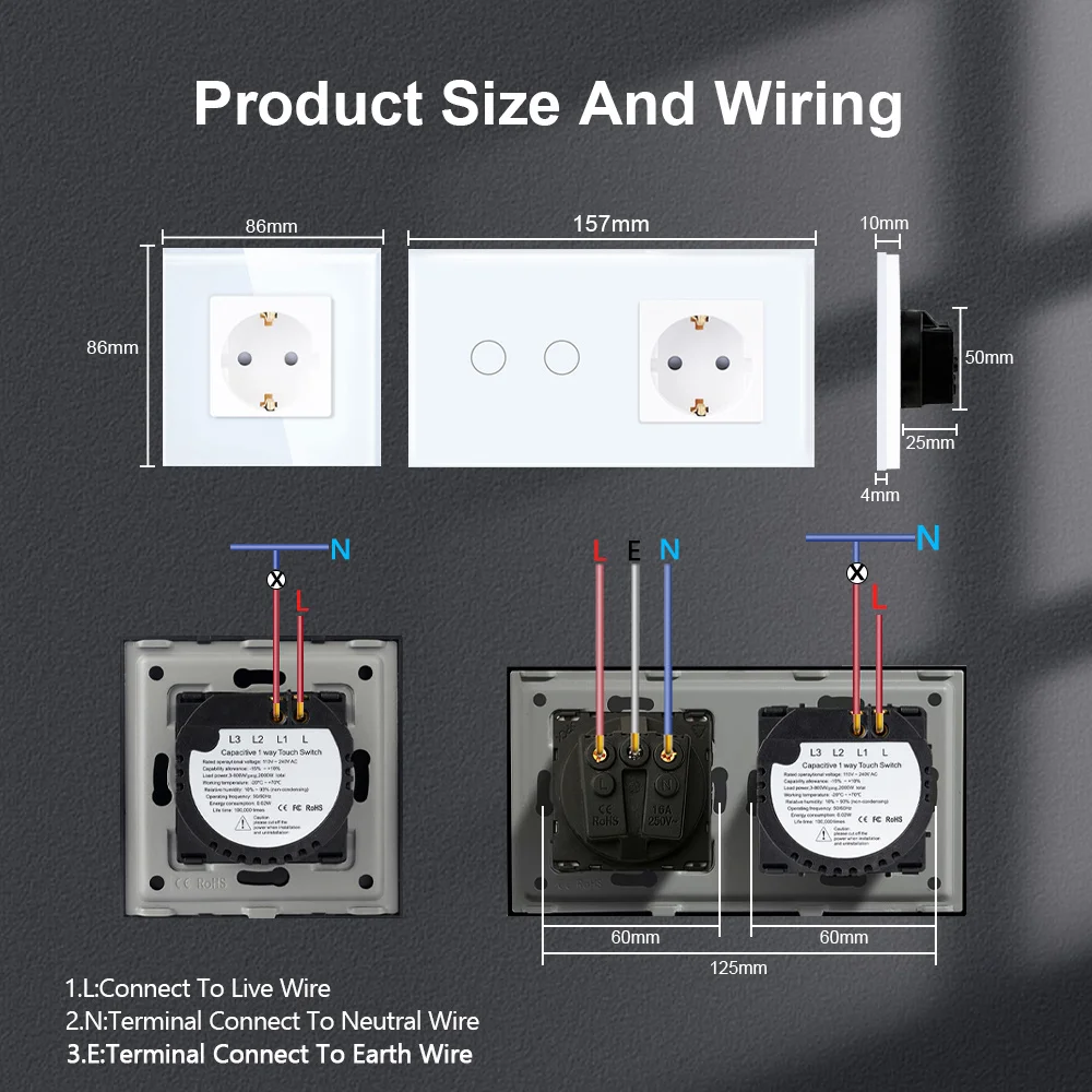 TAWOIA EU Touch Light Switch With USB Wall Socket White Wall LED Switches 1/2/3Gang 1Way Crystal Dark Blue Backlight Wall Switch