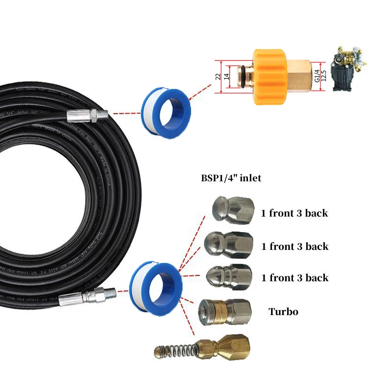 Drenar água limpeza mangueira limpador kit, rotativo esgoto jateamento bocal para Karcher HD, 1/4 botão NPT, 1-50m, novo filamento interno