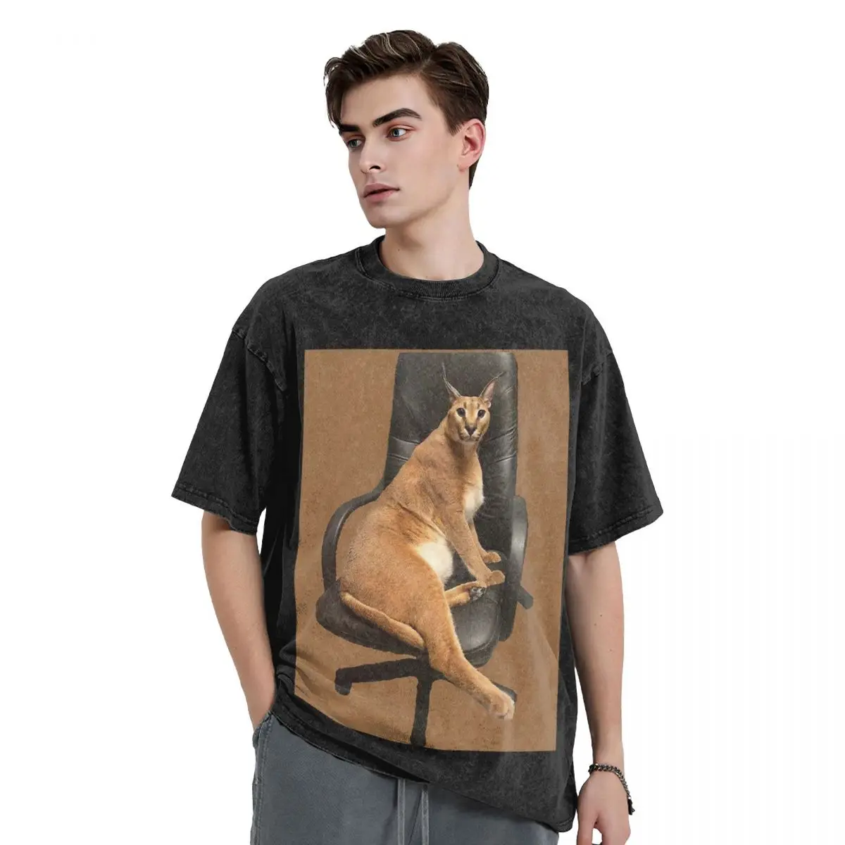 Big Floppa Animal Cat Washed T Shirts Casual Short Sleeve Hip Hop T-Shirt Streetwear Tops Tees for Men Women