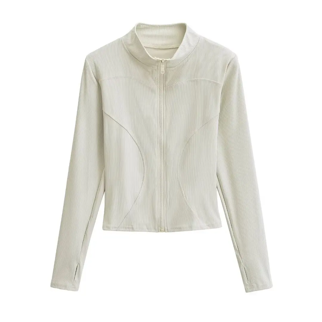 American Retro High Elastic Long Sve Stand Collar Yoga Sportswear Cardigan Women's Spring Autumn Slimming Zipper Running Top