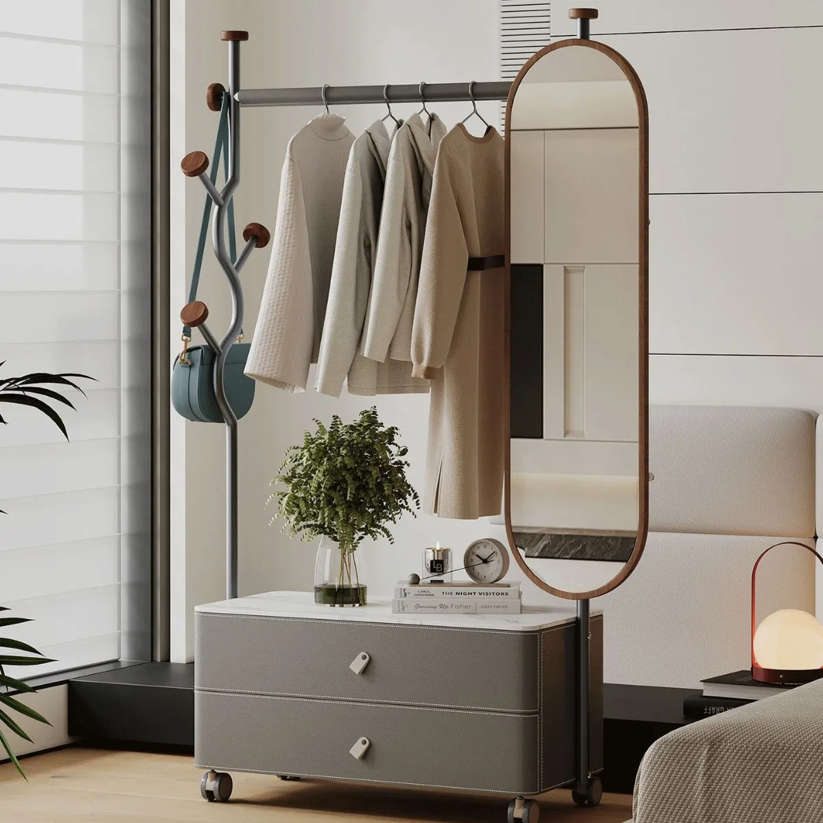 

Italian coat rack, full-length mirror, storage cabinet, integrated bedroom, stainless steel bedside table, storage, mobile hange