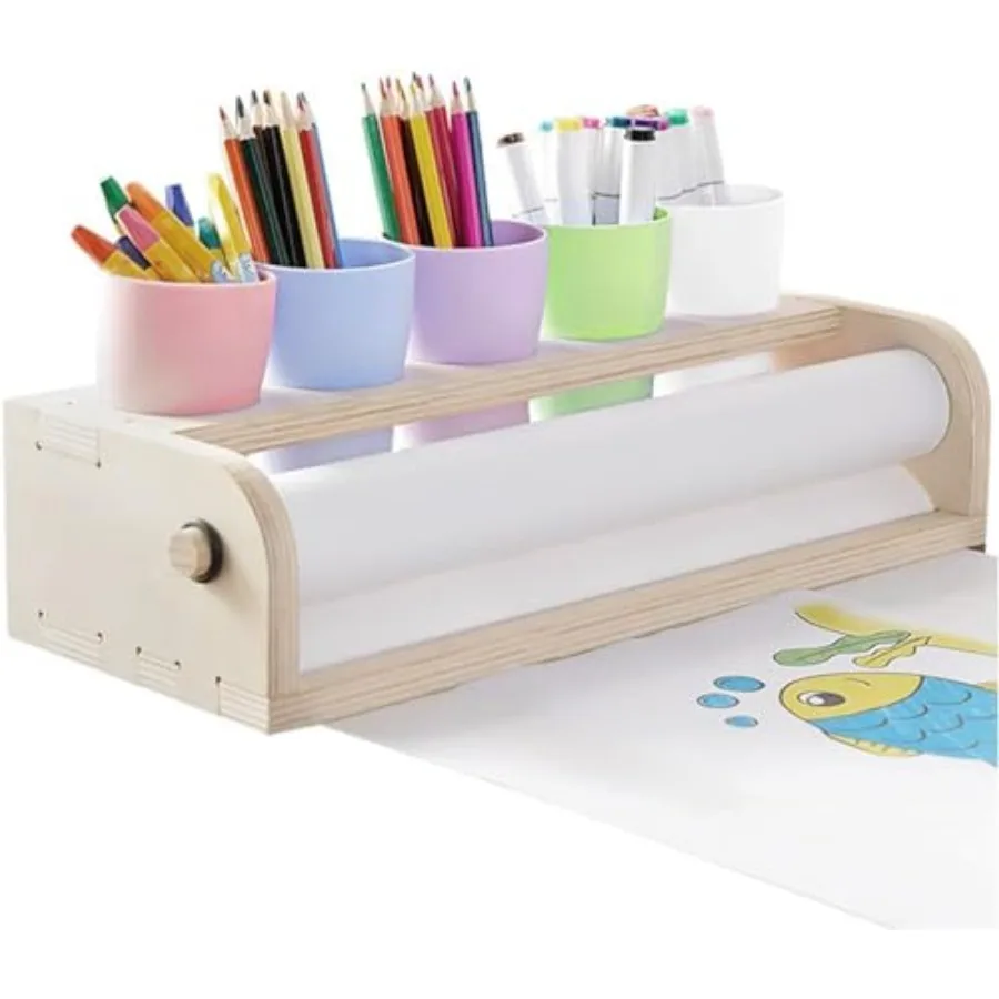

Tabletop Paper Roll Dispenser Art Easel with Five Pencil Holder Cups and Paper Rolls 15" x 16.4ft Desktop Easel for Drawing Woo