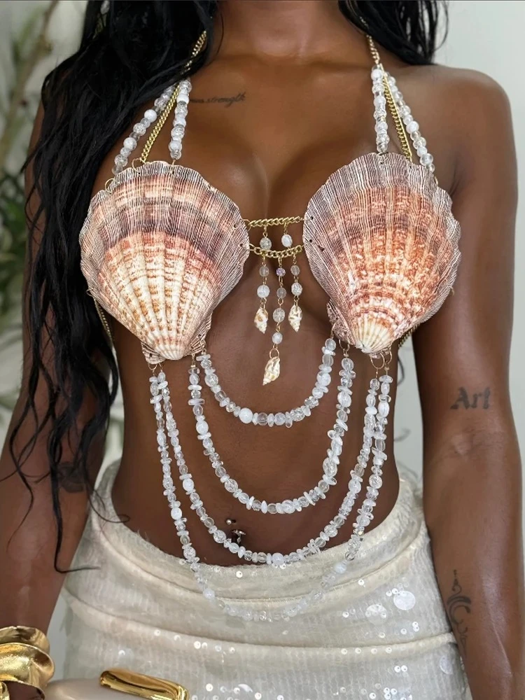 BWQ Women's Halter Neck Beaded Bra Top Club Vest Summer Gorgeous Backless Metal Chain Bikini Top Festival Outfits Clubwear 2025