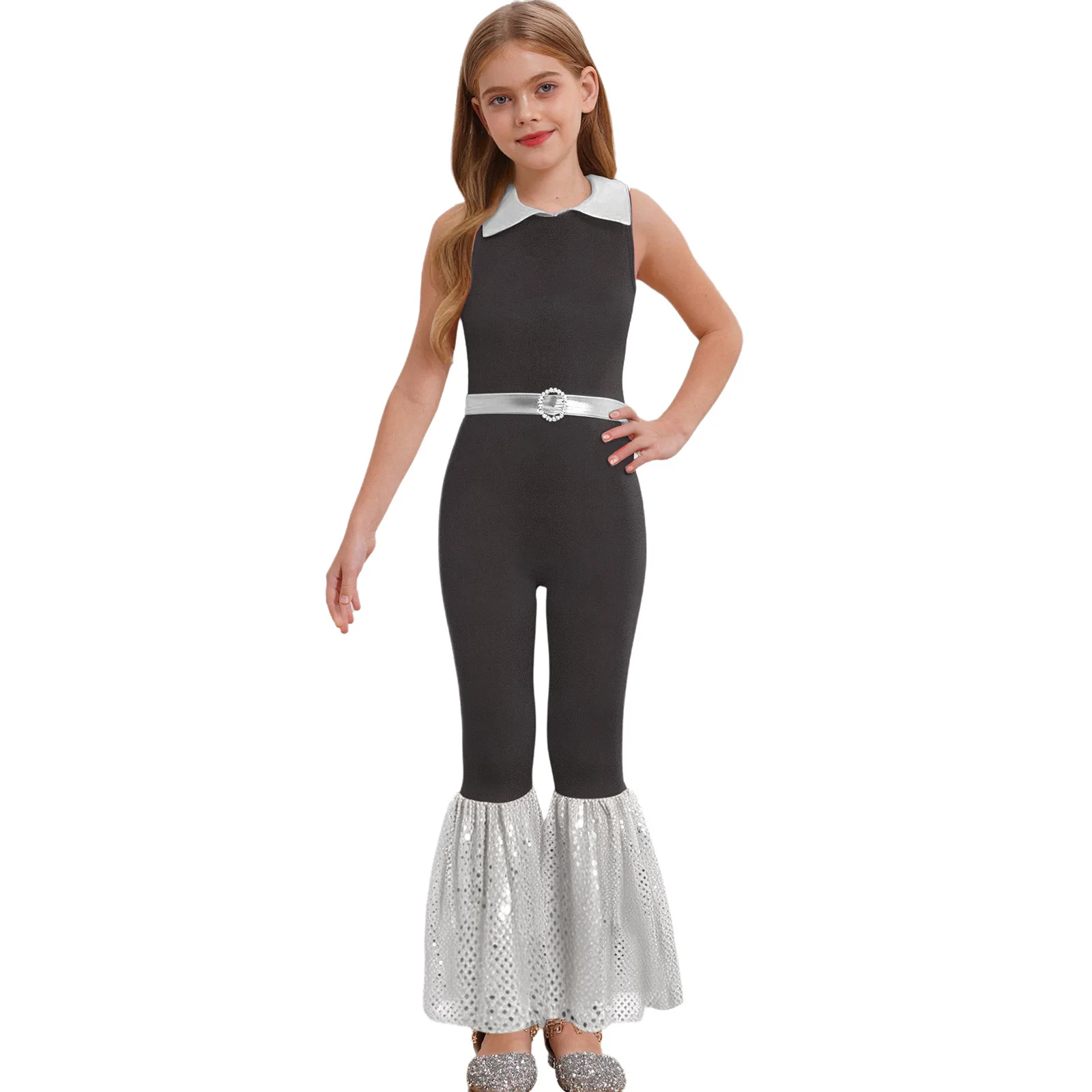 

Kids Girls Jazz Jumpsuit Sleeveless Metallic Mini Dots Shiny Sequins Bell-Bottomed Color Block Belted Bodysuit Jazz Dancewear