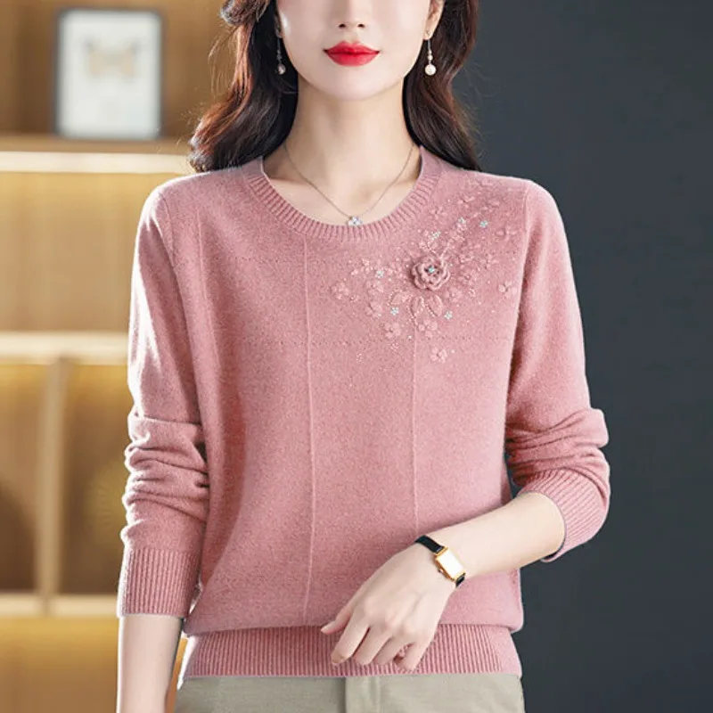 

Women's Spring Autumn Tops Knit Sweater Embroidery Pullovers Middle-aged Aging Popular Round Collar Large Size Inside Retro