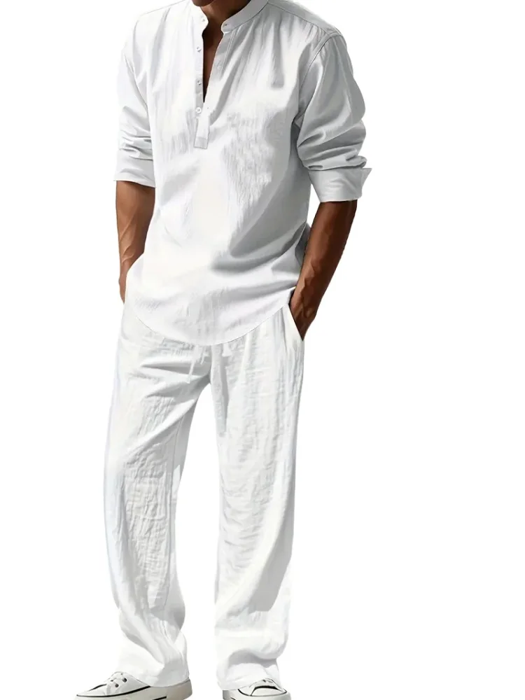 

Men's Cotton Linen Two-Piece Set Classic Collar Casual Long Sleeve Top with Versatile Comfortable Long Pants High-Quality Suits