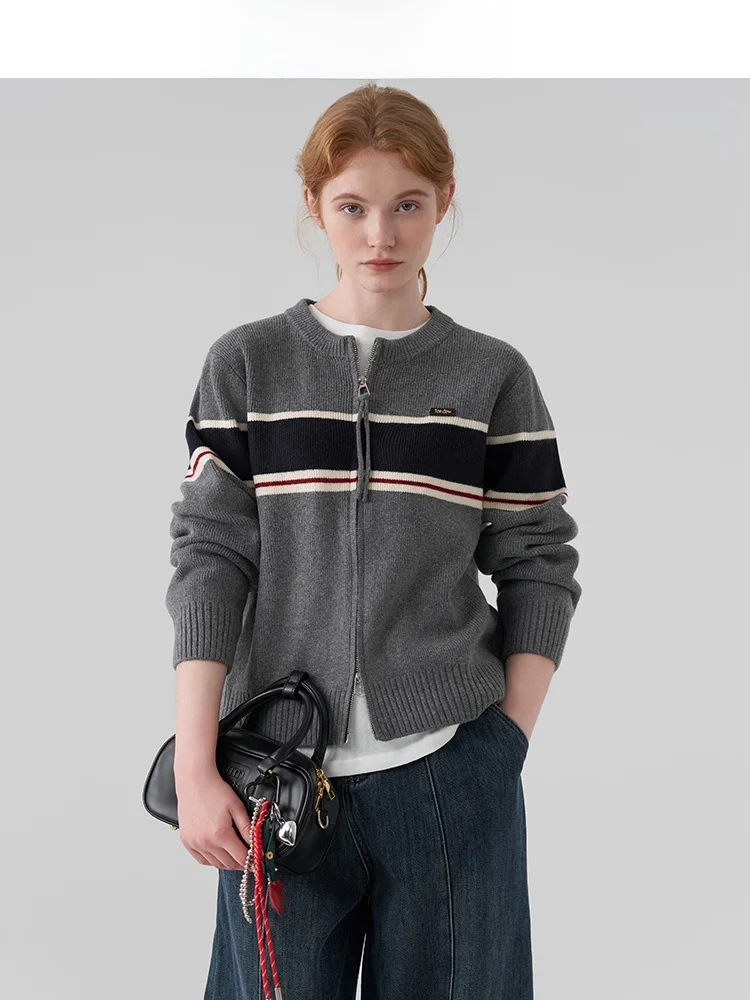 

Retro Striped Knitted Cardigan Women's Casual Sle Double Zipper Spring Design Unique Sweater Jaet Soft Polyester Fiber