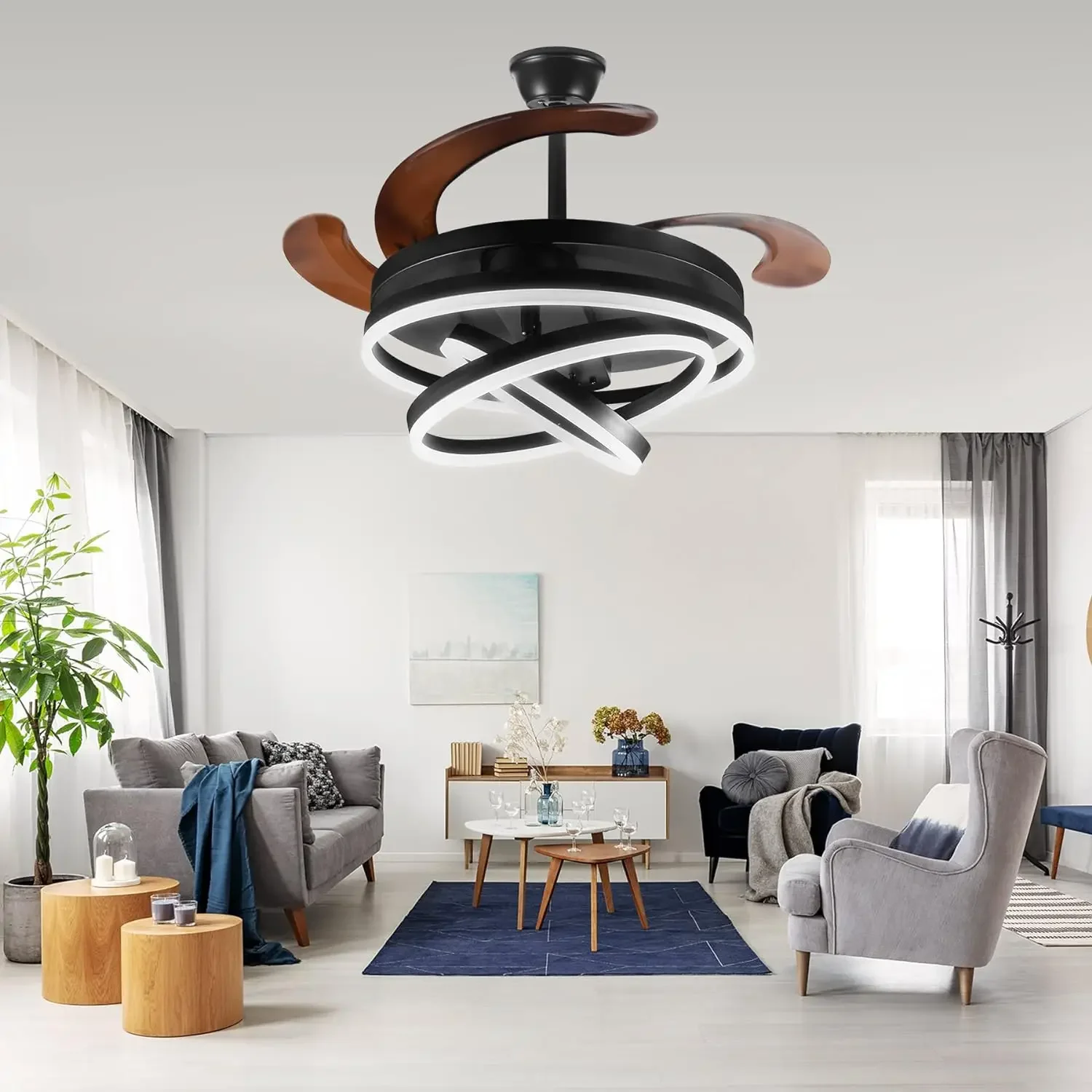 42'' Retractable Ceiling Fans with Lights and Remote,3 Color 6 Speed Smart Pendant Light for Indoor Bedroom,Dining Room