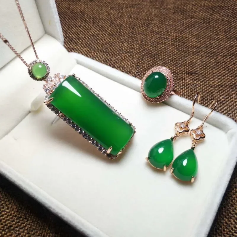 Silver rose inlaid green chalcedony safe brand, earrings, ring women's three-piece set