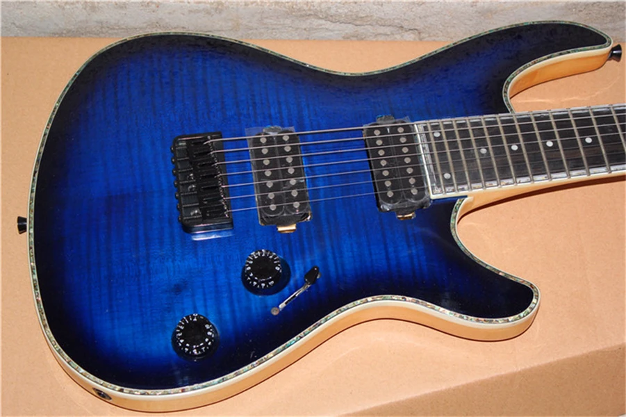 Flyoung 7 Strings Ebony Fingerboard Dark Blue Electric Guitar with Neck-Thru-Body,Offer Customize