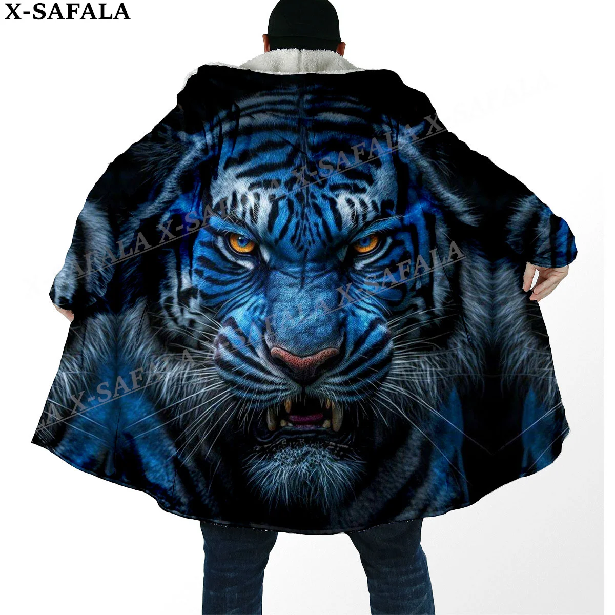 The King Myth Tiger Spirit Totems Arts Thick Warm Hooded Cloak Men Overcoat Coat Windproof Fleece Cape Robe Hooded Blanket-3