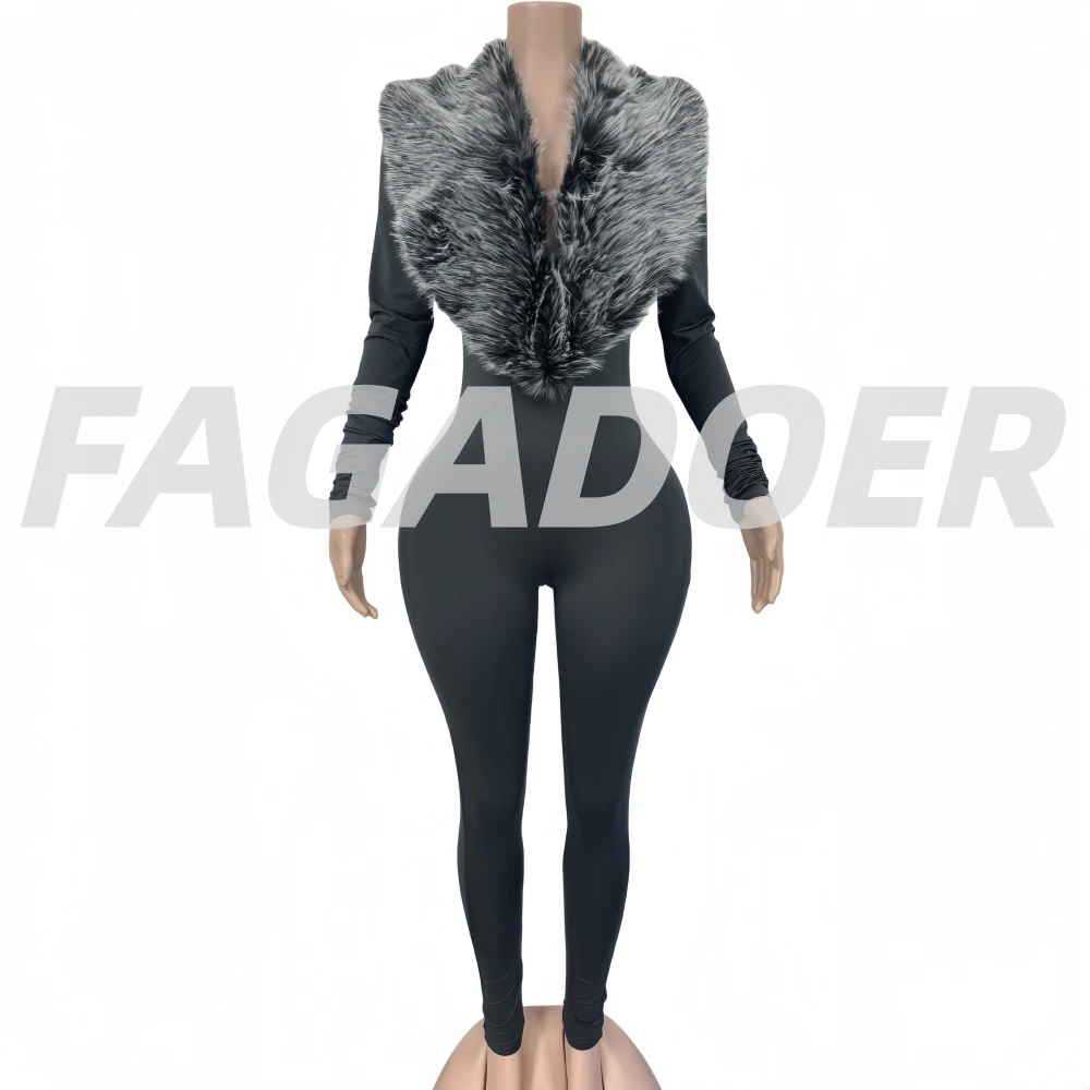 بدلة قفز مثيرة من الفرو مُزينة بقطع القماش من FAGADOER للسيدات بلون سادة ورقبة على شكل حرف v وأكمام طويلة قطعة واحدة ملابس نسائية للحفلات والنوادي